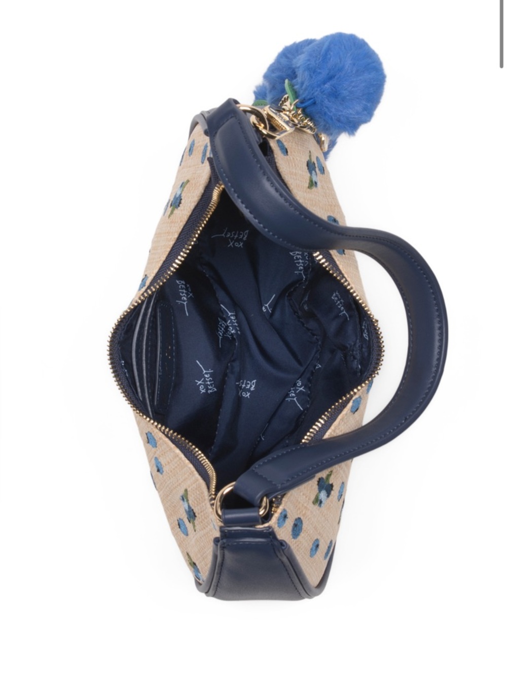 Betsey Johnson Beige & Blue Floral Pom-Pom Shoulder Bag - Picture 3 of 4